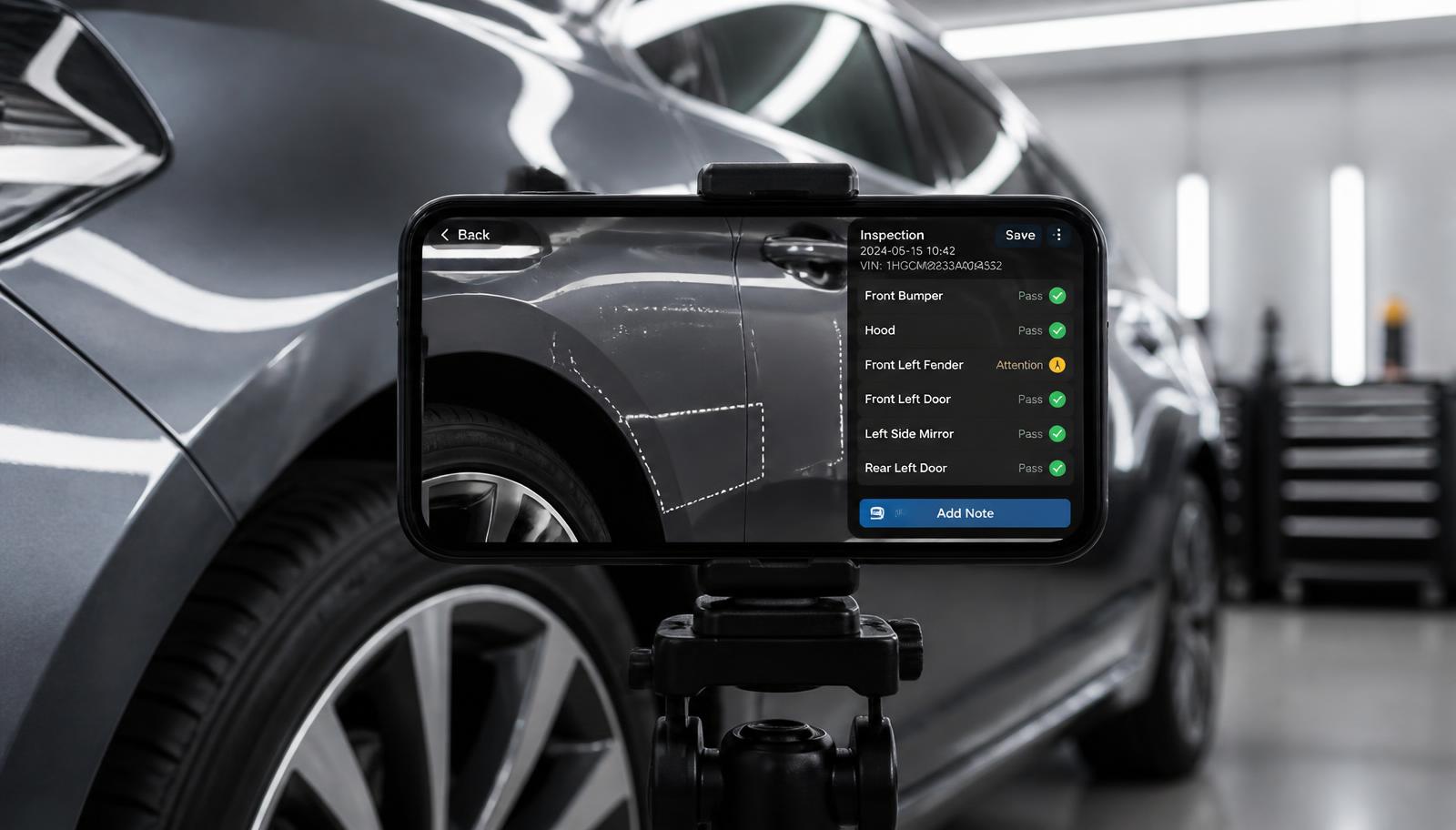 Smartphone photographiant la carrosserie d'un véhicule lors de l'état des lieux