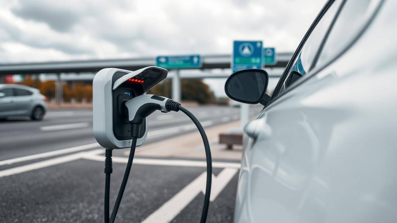 Véhicule électrique en charge sur une aire d'autoroute